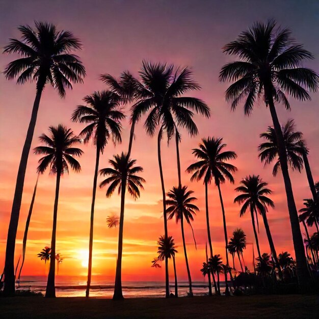 a sunset with palm trees and a sunset in the background