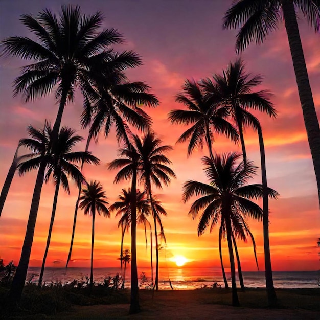 a sunset with palm trees and a sunset in the background