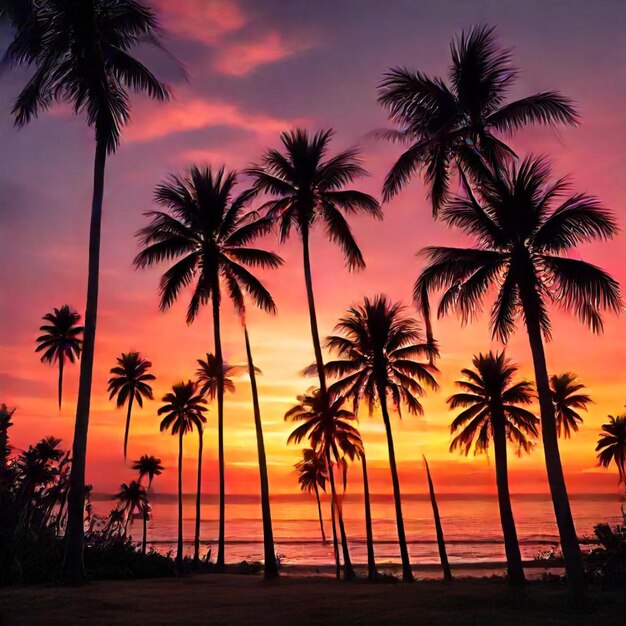 a sunset with palm trees and a sunset in the background