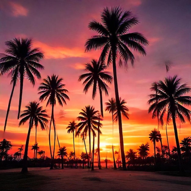 a sunset with palm trees and a sunset in the background