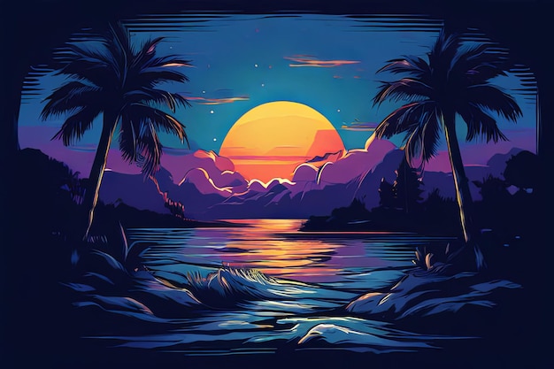 a sunset with palm trees and a sunset in the background