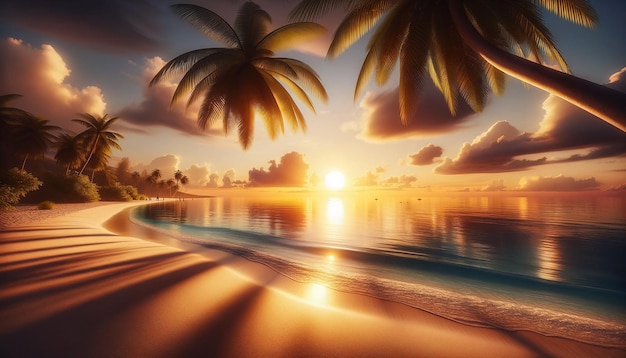 A sunset with palm trees and a sunset on the beach