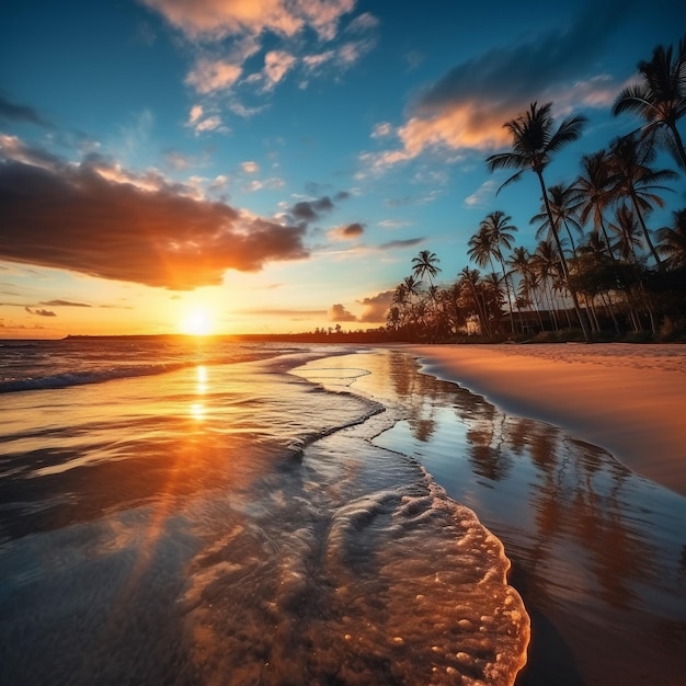 a sunset with palm trees and a sunset on the beach