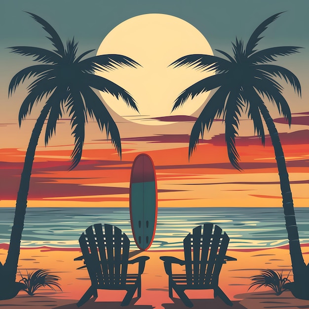 a sunset with palm trees and a surfboard on the beach