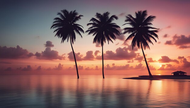 a sunset with palm trees in the water and a sunset