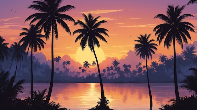 a sunset with palm trees