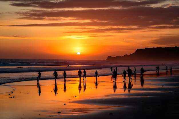 A sunset with people on the beach and the sun is setting.