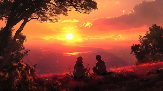 a sunset with people sitting on a hill and a sunset in the background