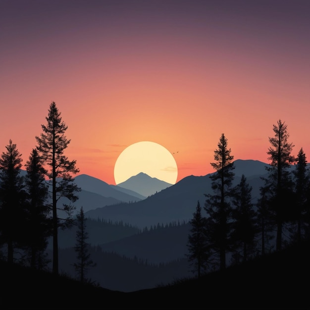 a sunset with pine trees and a mountain in the background