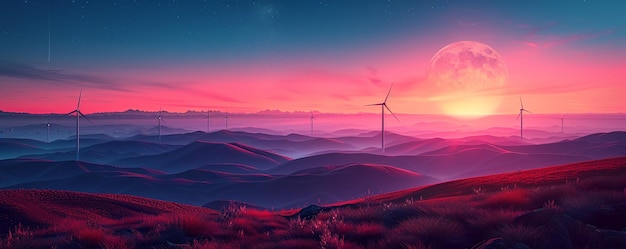 a sunset with a pink and purple sky and windmills