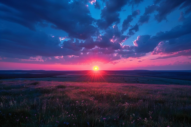 Photo a sunset with purple clouds and a red sun in the sky