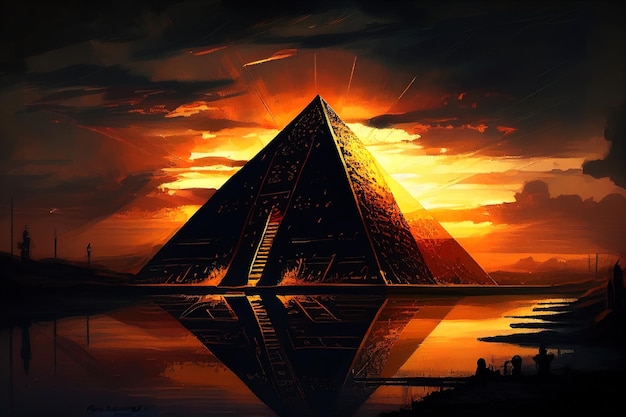 a sunset with a pyramid in the middle.