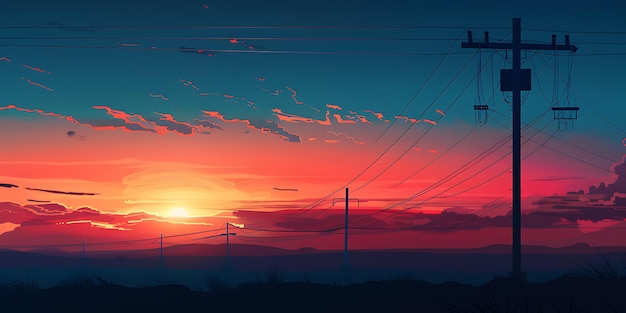 a sunset with a red and blue sky and power lines