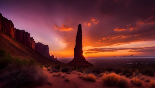 a sunset with a red sky and a mountain in the background