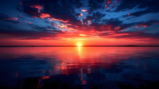 Photo a sunset with a red sky and a reflection of the sun