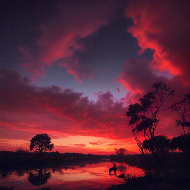 Photo a sunset with a red sky and a silhouette of a tree