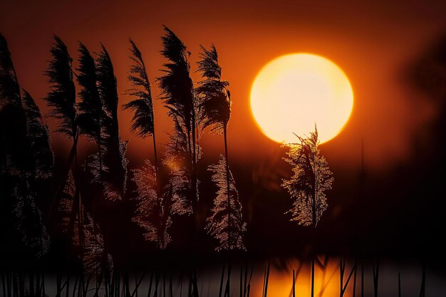 a sunset with reeds and the moon in the background