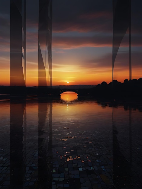 a sunset with a reflection of a bridge and a sunset in the water