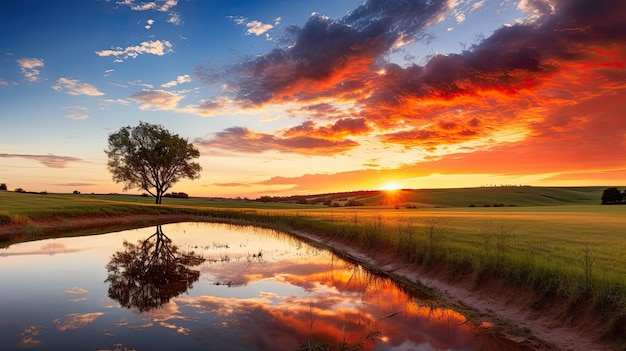 Photo sunset with a reflection of a tree in a puddle