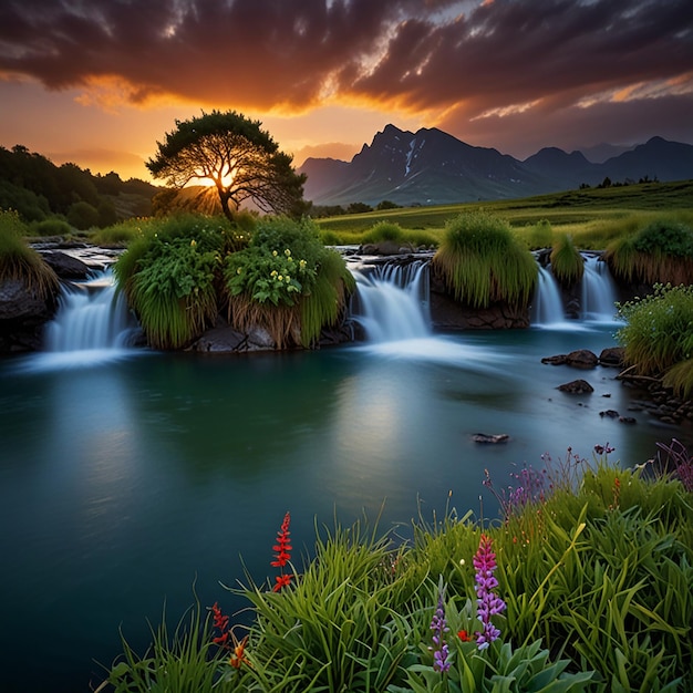 a sunset with a river and grass in the foreground