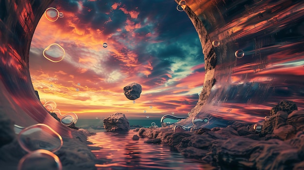 a sunset with a rock in the water and a large ball in the sky