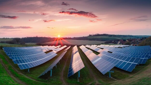 a sunset with a row of solar panels in the foreground and the sun behind them