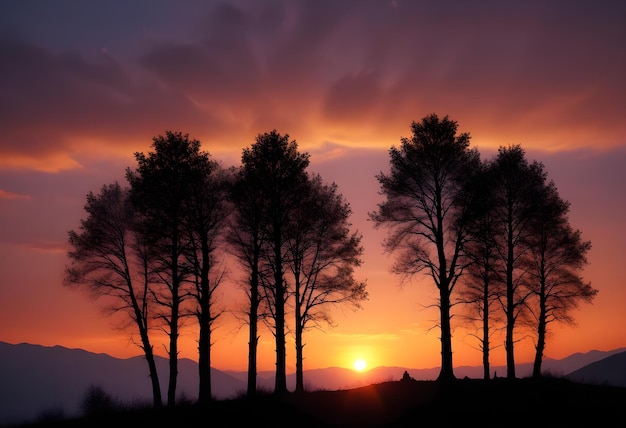 Photo a sunset with a row of trees in the foreground and a mountain in the background