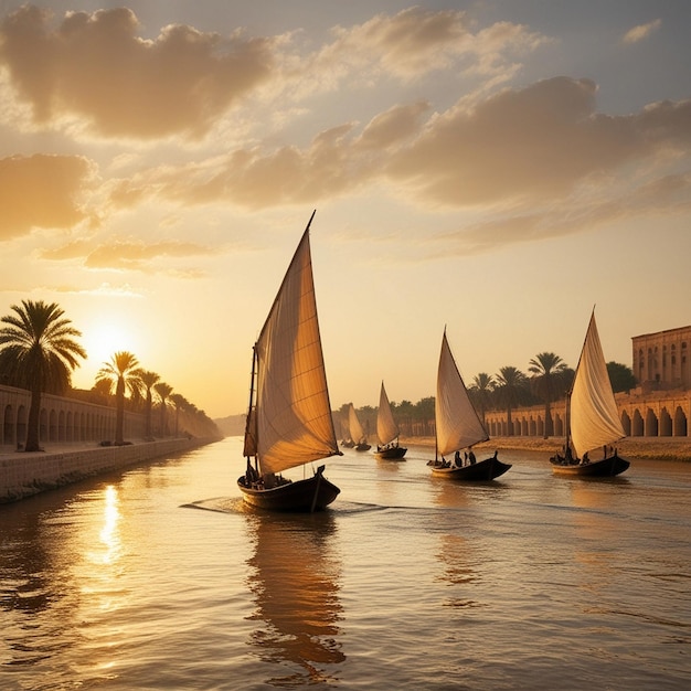 a sunset with sailboats and a building in the background