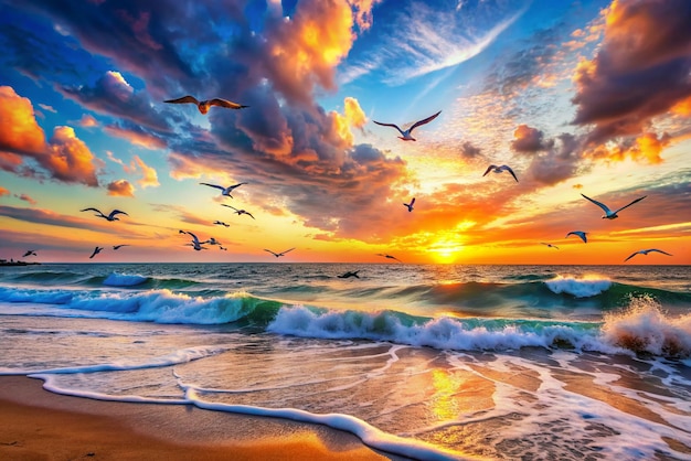 a sunset with seagulls flying in the sky and the ocean