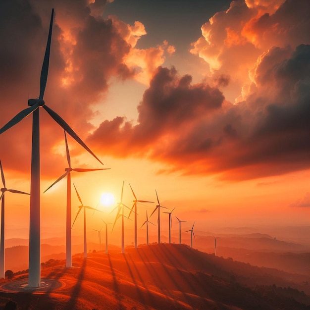 a sunset with several windmills on the top of a mountain