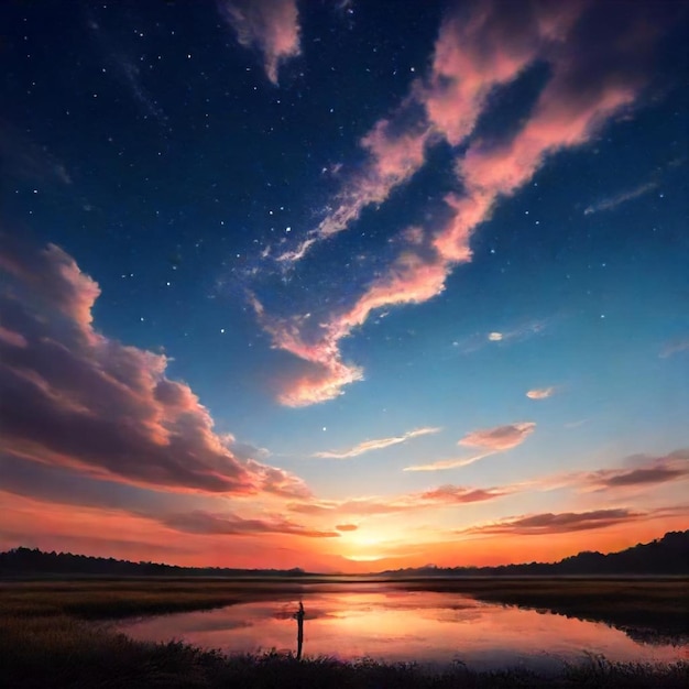 a sunset with a sky and clouds and a lake