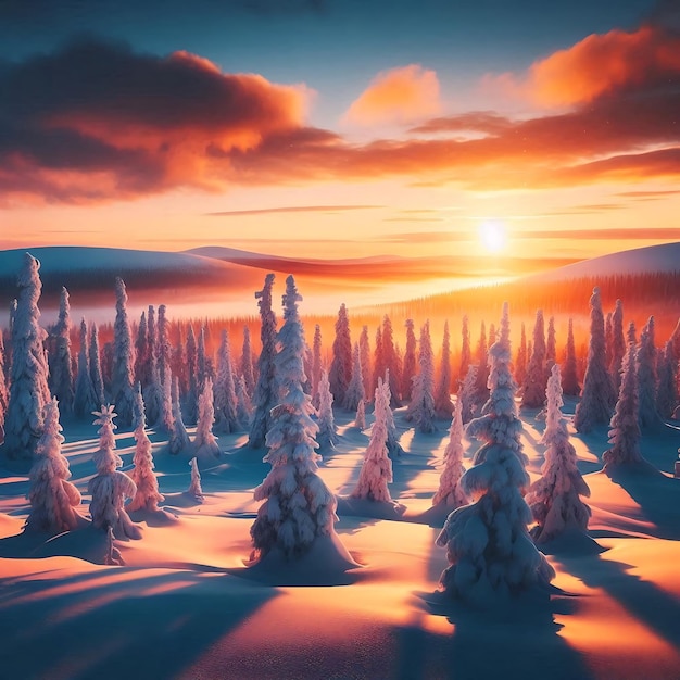 Photo a sunset with snow covered trees and a sunset in the background