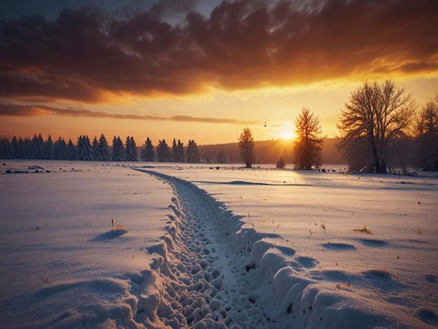 Photo a sunset with a snowy field and trees in the background