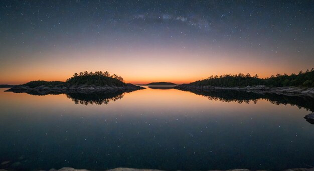 Photo a sunset with a starry sky and a lake with trees in the foreground