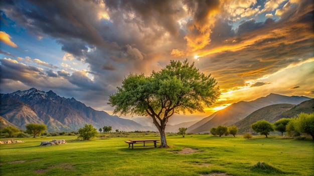 a sunset with a tree and a bench in the foreground