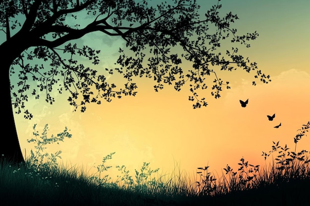 a sunset with a tree and butterflies in the foreground