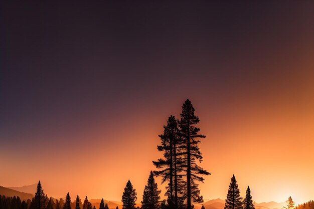 A sunset with a tree in the foreground and mountains in the background.