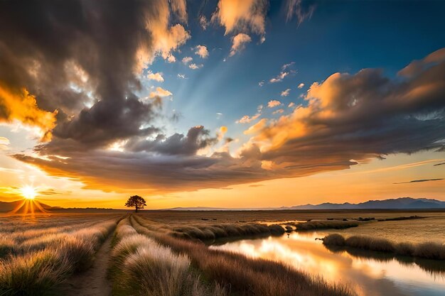 A sunset with a tree in the foreground and mountains in the background.