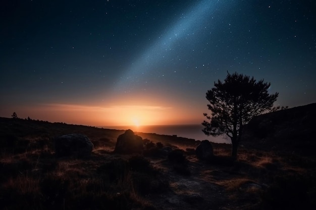 A sunset with a tree in the foreground and a star in the background.