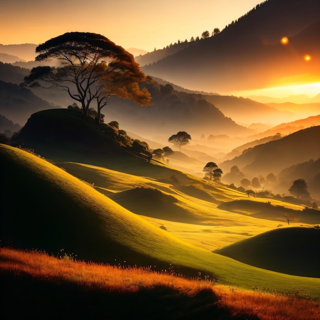 A sunset with a tree in the foreground and the sun setting on the horizon.