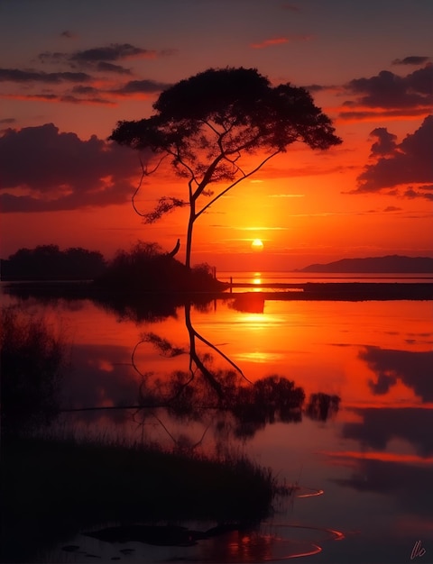 A sunset with a tree in the foreground and a sunset in the background.