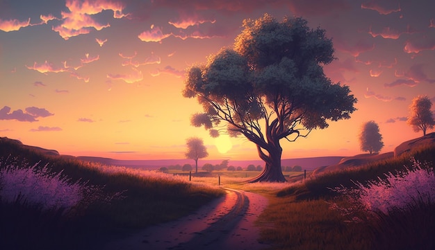 A sunset with a tree on the road