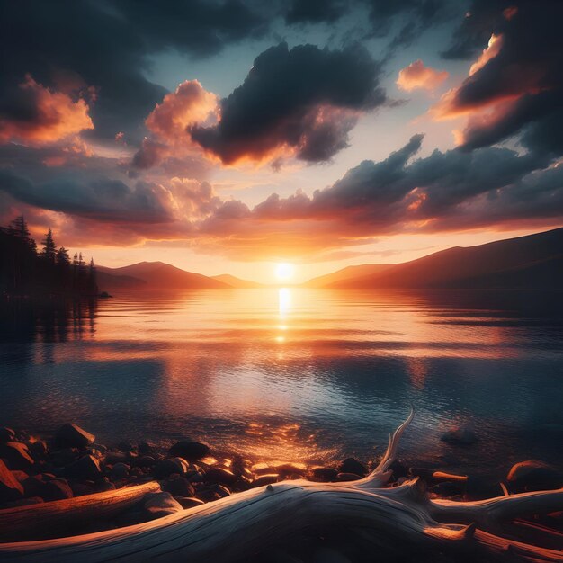 Photo a sunset with a tree stump and a lake in the foreground