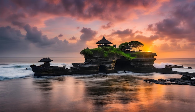 a sunset with a tropical island in the background