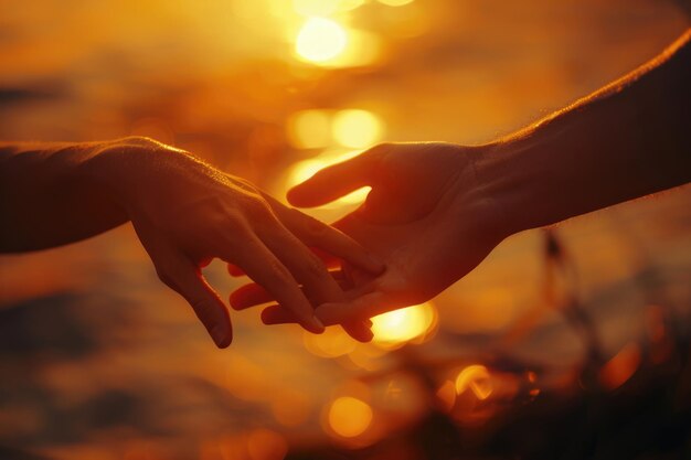 Photo a sunset with two hands that say  love  on the beach