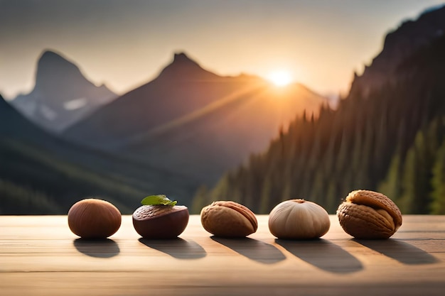 a sunset with a view of mountains and a few nuts.