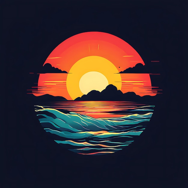 a sunset with a wave and a sun in the middle