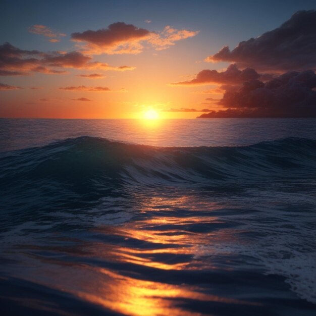 a sunset with a wave in the water and the sun setting behind it