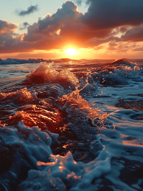 a sunset with a wave in the water and a sunset sky