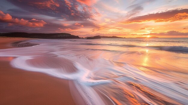 Photo a sunset with a wave in the water